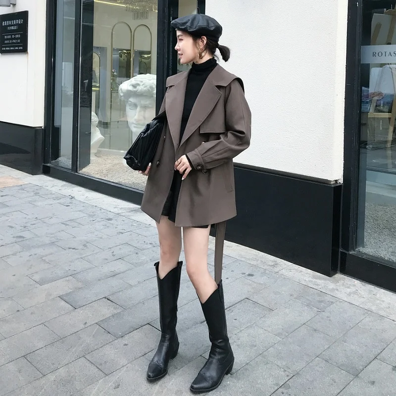 

British Wind waist windbreaker medium long women's 2021 spring autumn Korean new high-end Navy collar short coat