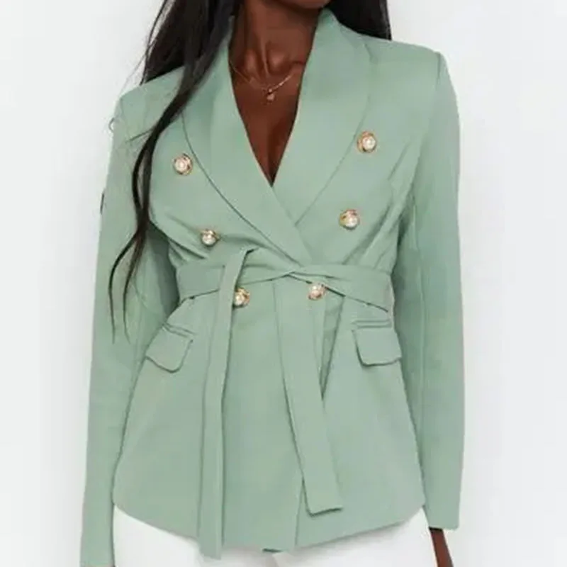 

2021 Women's Blazer Single-breasted Jacket 2021 Office Ladies Suit Collar Green Casual Pocket Women's Sashes Blazers OL
