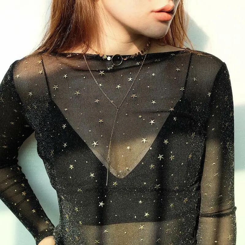 

Women Sexy Transparent Mesh Top Fashion Long Sleeve See Though Tee shirt femme Evening Party Club T shirt Stars Print T shirt