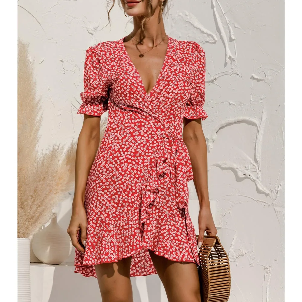 

Plus Size Mini Dress Women Floral Print Boho Summer Casual Chic Sexy V Neck Sashes Ruffles Hem Puff Short Sleeve 2021 Dresses