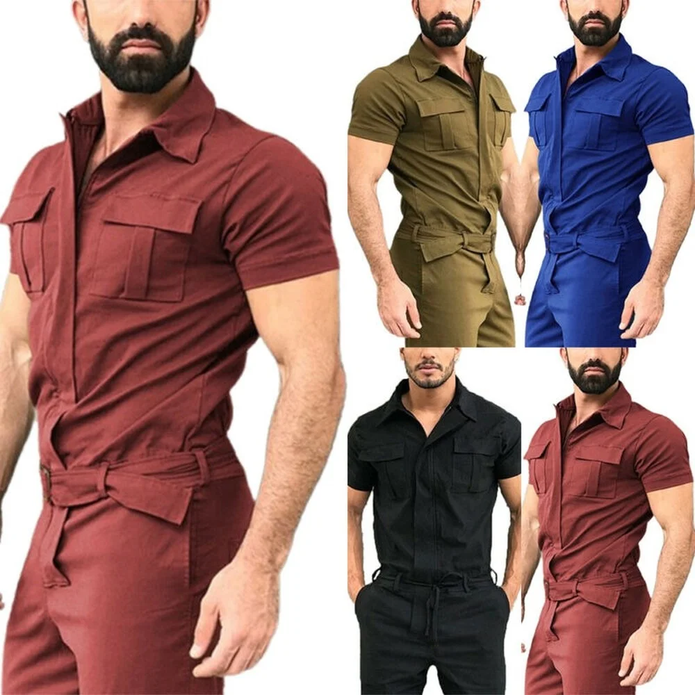 

Men Casual Romper short Sleeve Playsuit One Piece Work Jumpsuit Cargo Long Pant