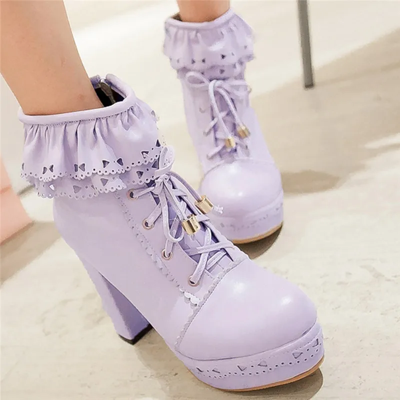 PP Botas Mujer/модные зимние ботильоны в стиле Лолиты на очень высоком каблуке с круглым носком и шнуровкой женские кожаные ботинки в стиле ретро;#5 - Цвет: PP
