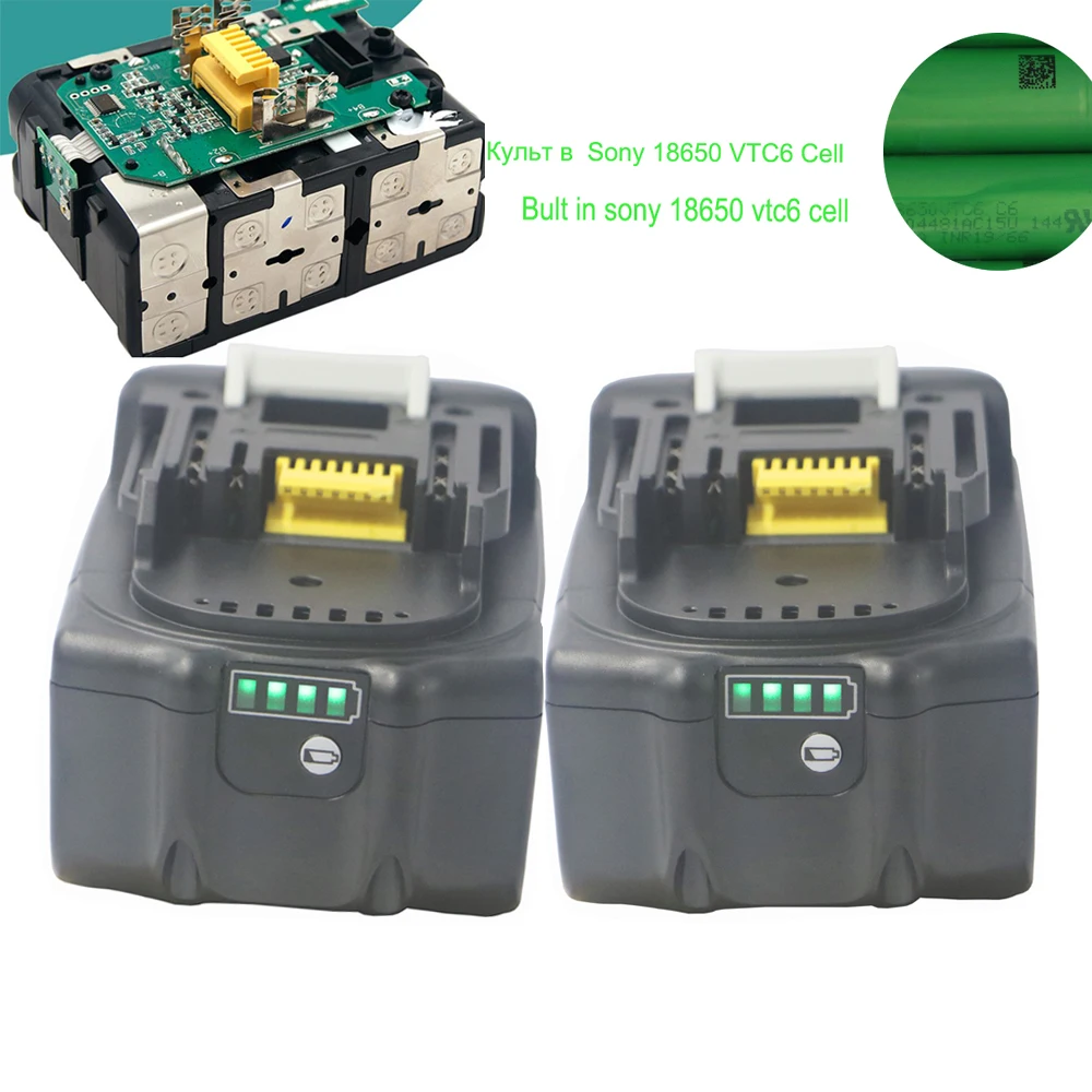 

Dvisi 1or2pcs 18V 6000mAH lithium battery for Makita BL1860 BL1840 BL1830 with lcd light Built in 10Pcs Sony 18650 VTC6