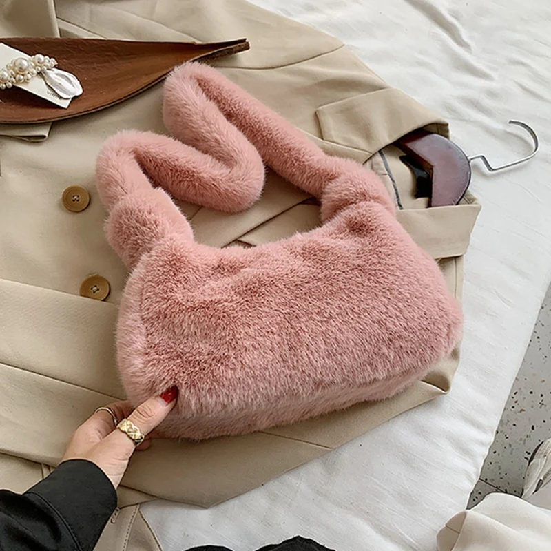 

Fashion Women Plush Solid Color Shoulder Underarm Bag Soft Retro Mini