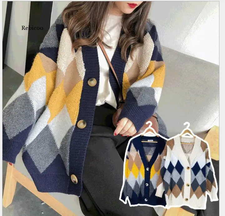 

Women Sweaters Autumn Winter Fashionable Casual Plaid V-Neck Cardigans Single Breasted Puff Sleeve Loose Sweater