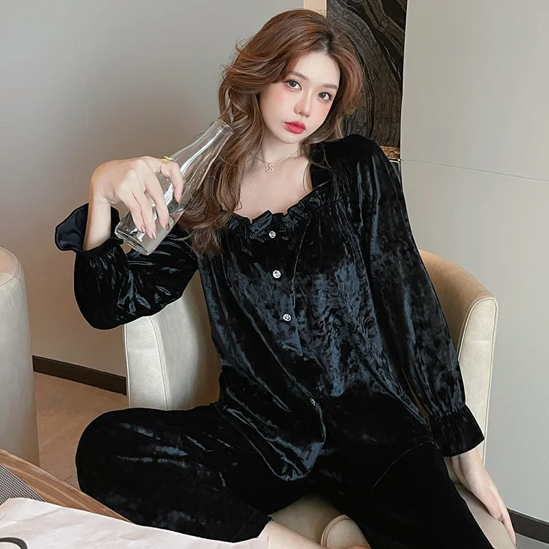 

Warm 2pcs Pajamas Suit Sexy Lady Shirt&Pants Velour Sleepwear Lounge Lingerie Nightwear Winter Nightgown Buttons Sleep Sets