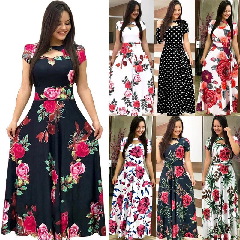 

2021 Summer New Flower Polka Dot Print Color Matching Short Sleeve Dress Women Fashion Round Neck Boho Long Dress Robe