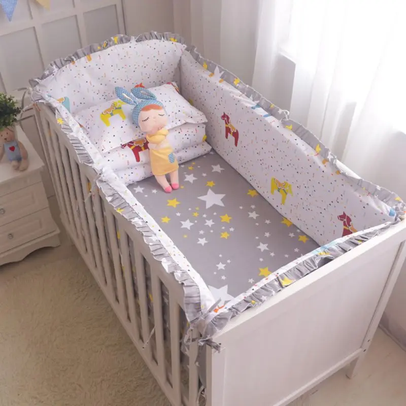 

5 Pcs Cotton Baby Bedding Set Nursery Crib Bumper Washable Bed Sheet Pillowcase T3LA