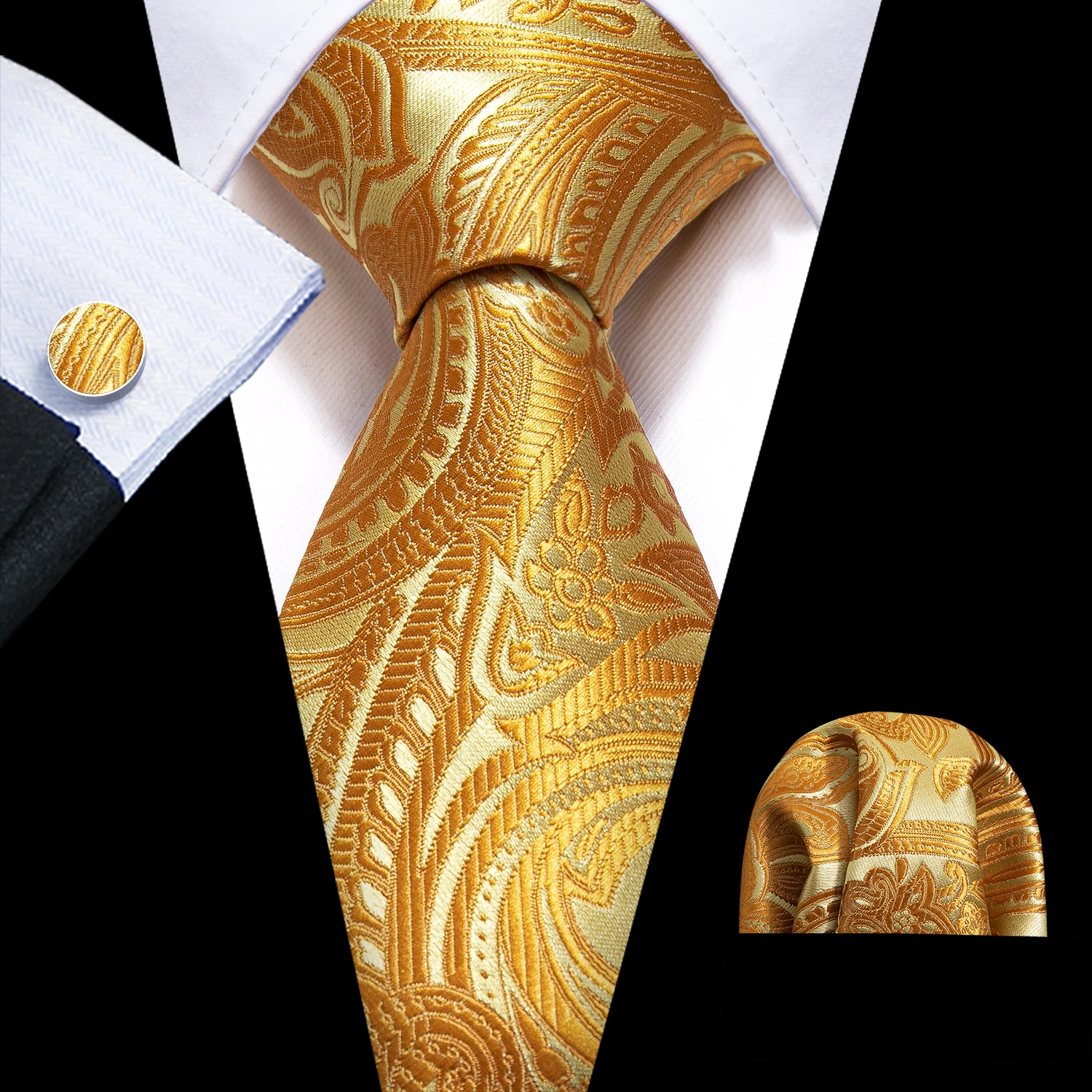 New Gold Paisley Mens Wedding Tie 8.5cm Silk Neckties Business Handkerchief Cufflink Tie Men Gift Set Barry.Wang FA-5397 qxy mens fashion tie polyester silk neckties stripe business flower ties handkerchief for men tie combination set gift box k01