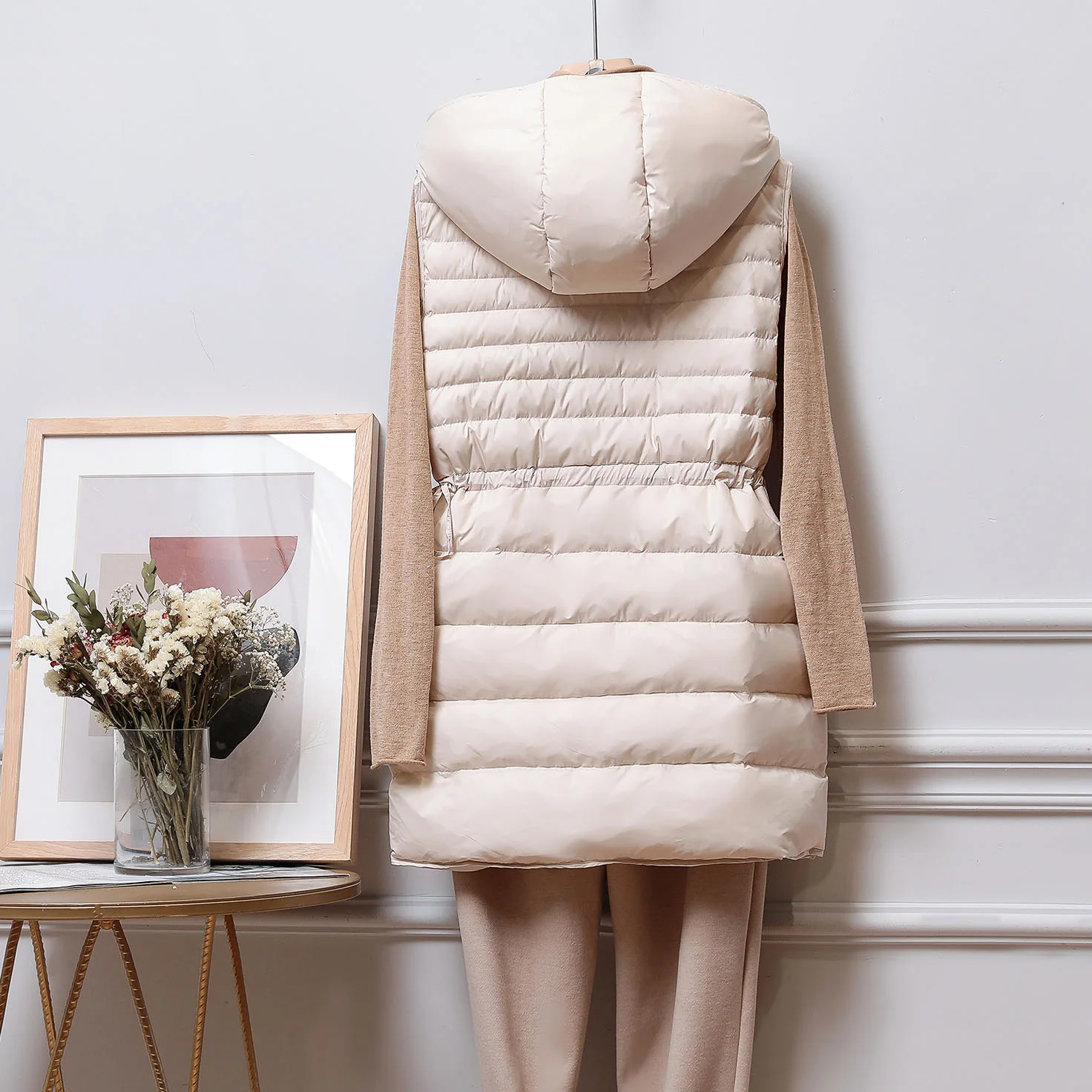

Down vest women's medium length 2020 winter slim light white duck down jacket vest street style hooded sleeveless coat