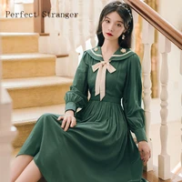 2021 autumn new arrival sweet hot sale peter pan collar flower embroidery bowknot women long dress green