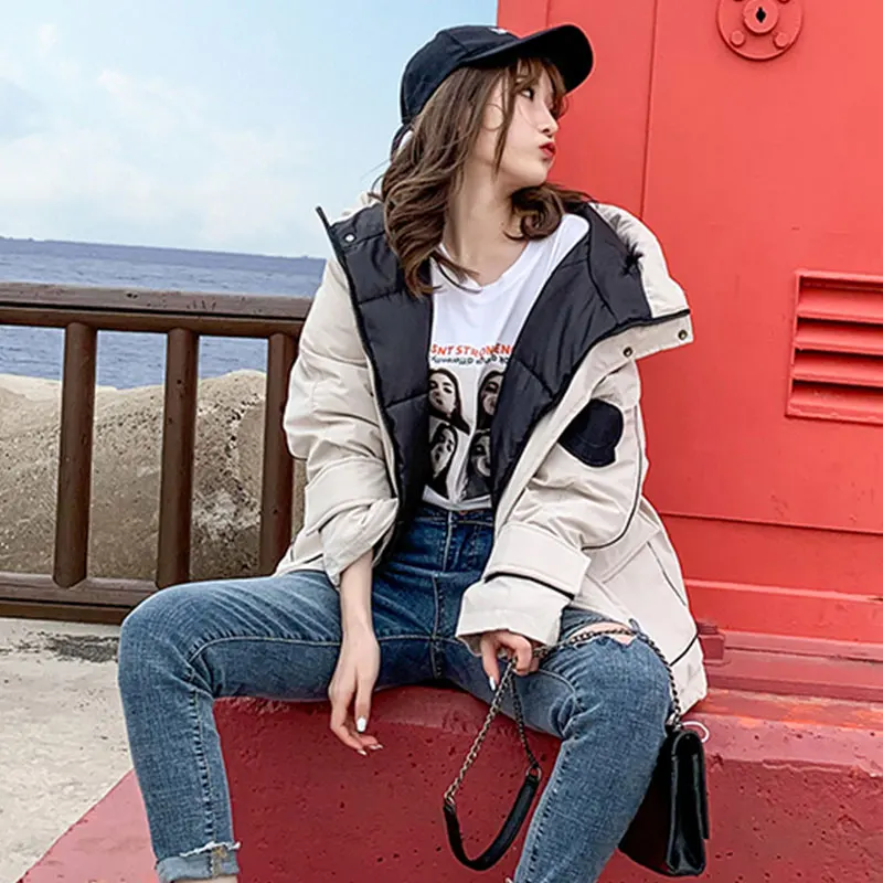 Winter Jacket Women 2021 Korean Fashion Stand Collar Printing Coat Plus Size Loose Cotton Parkas Women's Hoodies Long Outwear