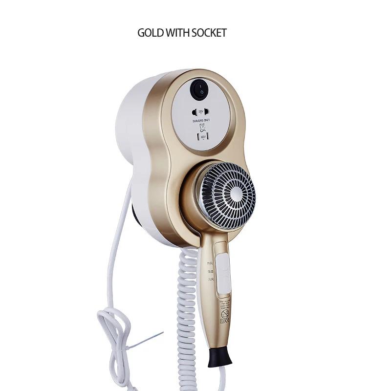 TSMOUNTAIN Hot and cold wind air blowers hotels 1600W hair drier for household and bathroom wall mounted hair dryer - Цвет: Gold with socket