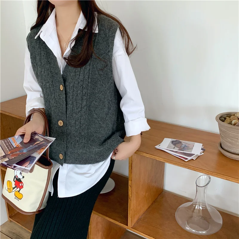 

Women's Solid Single-breasted Tank Vests 2021 Spring Autumn Sleeveless Knitting Tops Female Wool Twist Vests Mujer Dropshipping