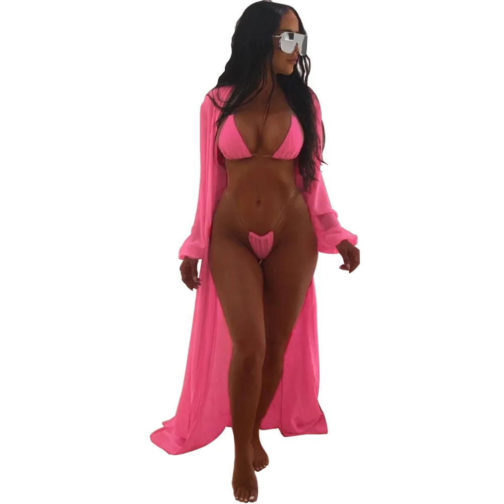 

2020 Cross-Border Hot European and American Solid Color Sexy Two-Piece Bikini + Long-Sleeved Blouse Three-Piece Swimsuit