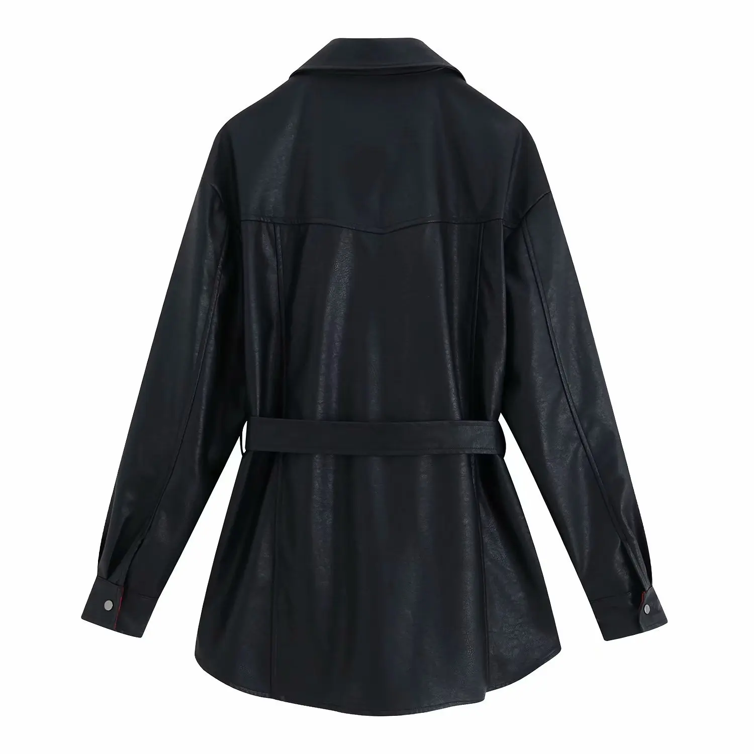 Imitation leather Jacket Belt Single Breasted Slim Long Jacket Women Streetwear Black Button Coat Windbreaker
