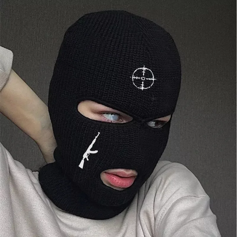 

Rifle Embroidery Full Face Winter Ski Mask Hat 3 Holes Balaclava Army Tactical CS Windproof Unisex Knit Beanies Hat Scarf Masks