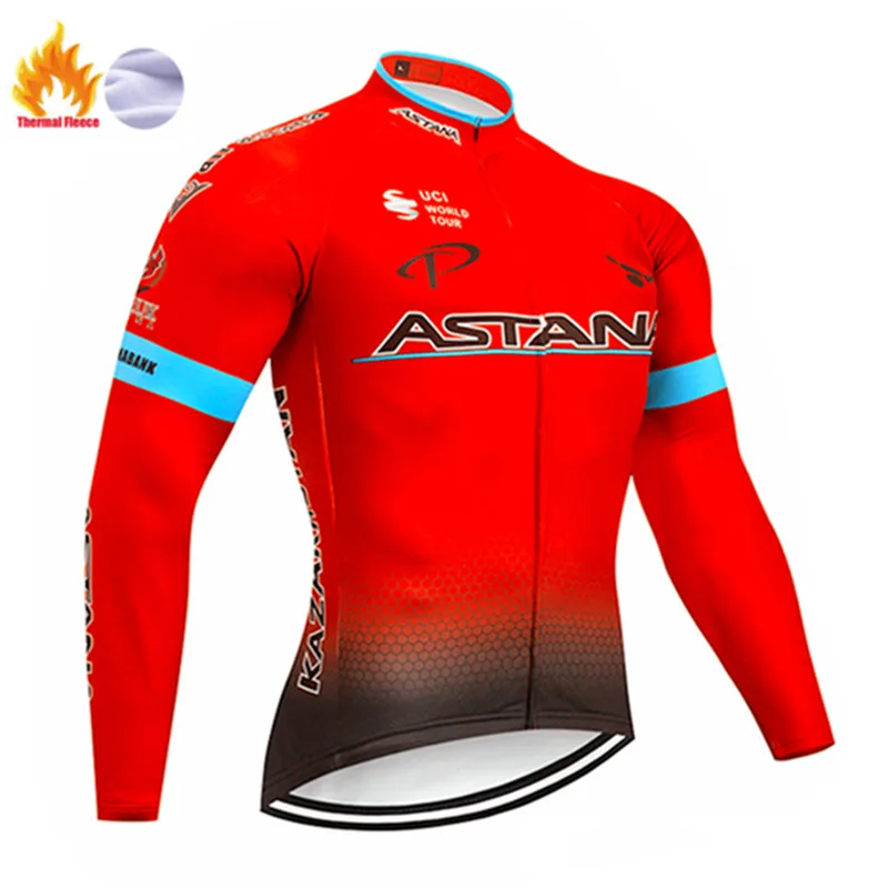 Winter jersey Красная Команда Астаны зимний термальный флис Велоспорт Джерси велосипед брюки набор мужской Ropa Ciclismo 9D костюм для велосипеда Culotte одежда - Цвет: Winter jersey