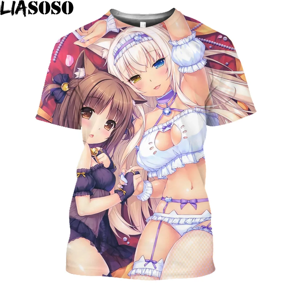 

LIASOSO Nekopara OVA Print Anime T-shirt Swimwear Chocolate Vanilla Men T Shirt Streetwear Harajuku Plus Size Tops Women 2021