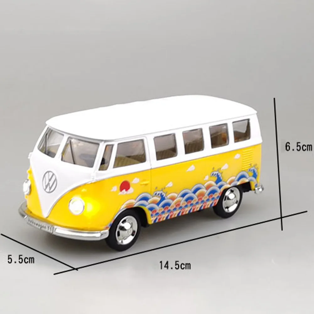 Modelo de autob&uacute;s Volkswagen T1, juguete de aleaci&oacute;n fundido a presi&oacute;n, estilo chino, con luz, 3 puertas, veh&iacute;culo Opend, juguetes para ni&ntilde;os, 1/30-5