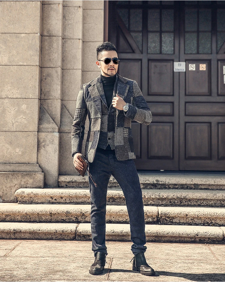 Весенний клетчатый костюм в европейском стиле для мужчин повседневный серый