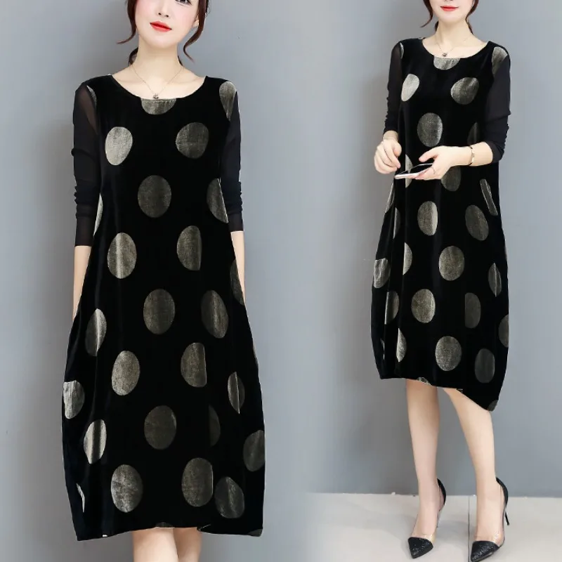 

2021 New Spring Autumn Woman Dress Vintage Loose Wave Point Corduroy Net Yarn Long Dresses Vestidos Robe Dresses M-Top