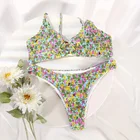 Женский купальник с цветочным принтом, бикини, купальник со складками сексуальный комплект бикини, пляжная одежда, бикини, 2021