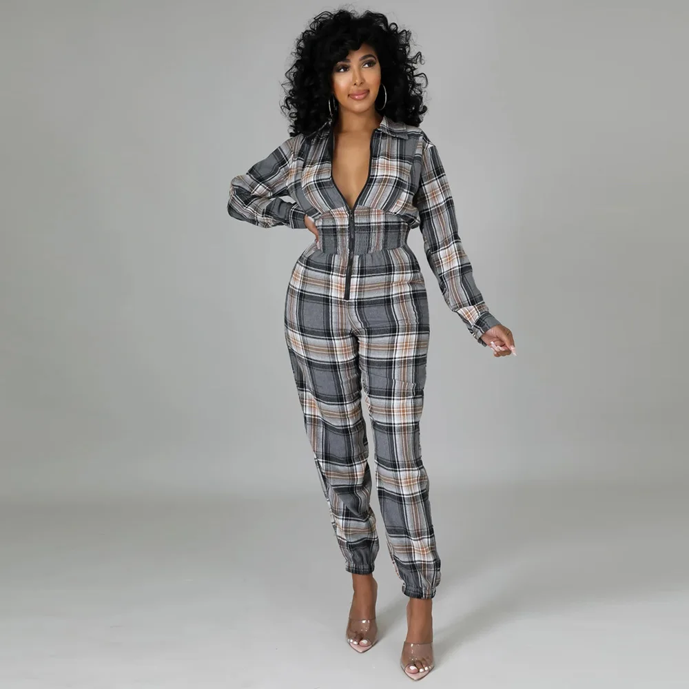 

Женский клетчатый комбинезон на молнии, слитный комбинезон с длинными рукавами-фонариками и высокой талией, уличные костюмы, весна 2022