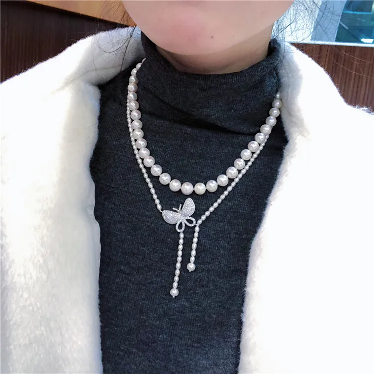 

100% natural 2rows 5-7mm 9-10mm white freshwater pearl butterfly necklace 18inch fashion girls jewelry