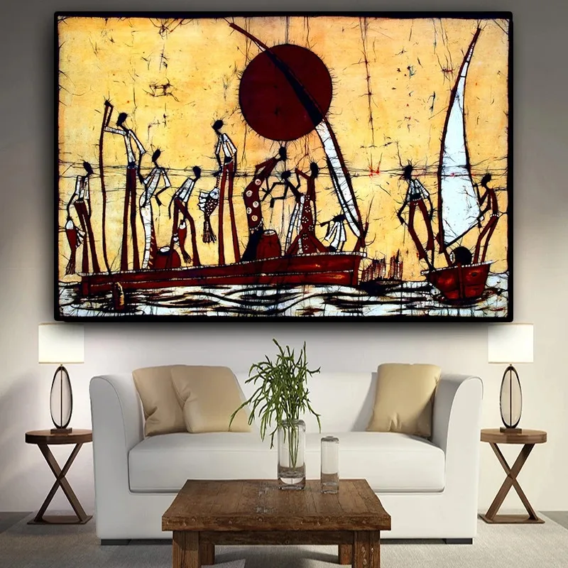 

Abstract African Figure Sailboat Landscape on Canvas Painting Posters and Prints Cuadros Art Wall Picture for Living Room