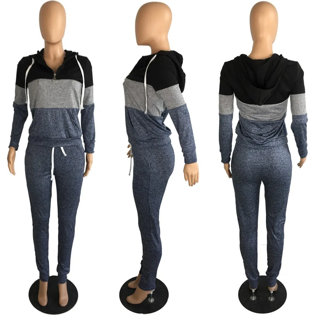 

Contrast Color Fitness Two Piece Matching Set Tracksuit Women Hooded Long Sleeve Pockets Tshirt + Causal Long Pants 2 Pcs Outfit