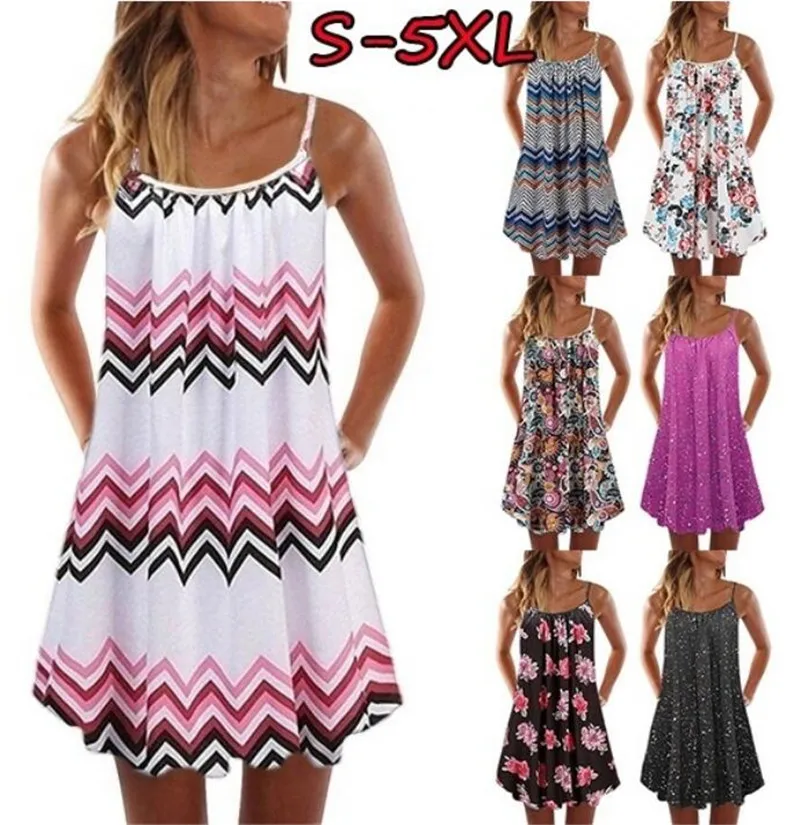 

FAKUNTN Women Loose Beach Dress Summer Boho Sleeveless Floral Printed Big Swing Dresses Plus Size Sexy Casual Spaghetti Strap
