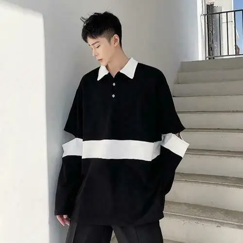 

Men's Fashion Design Long Sleeve Color Matching Shirt Youth Casual Loose Tee