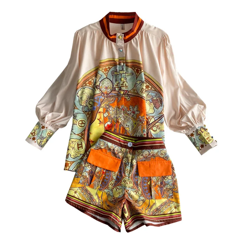 

2021 New Fashion Women's Retro Chic Spring Floral Printed Long Sleeve Shirt + High Waist Shorts Two-piece Sets R842