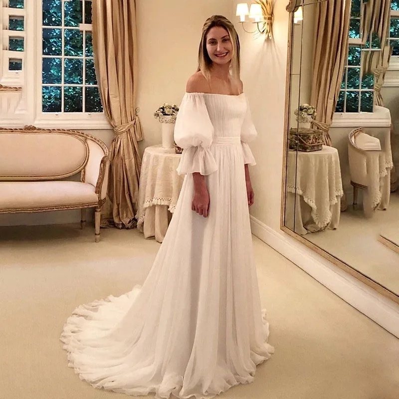Шифоновое свадебное платье с открытыми плечами пышными рукавами и | Свадьбы