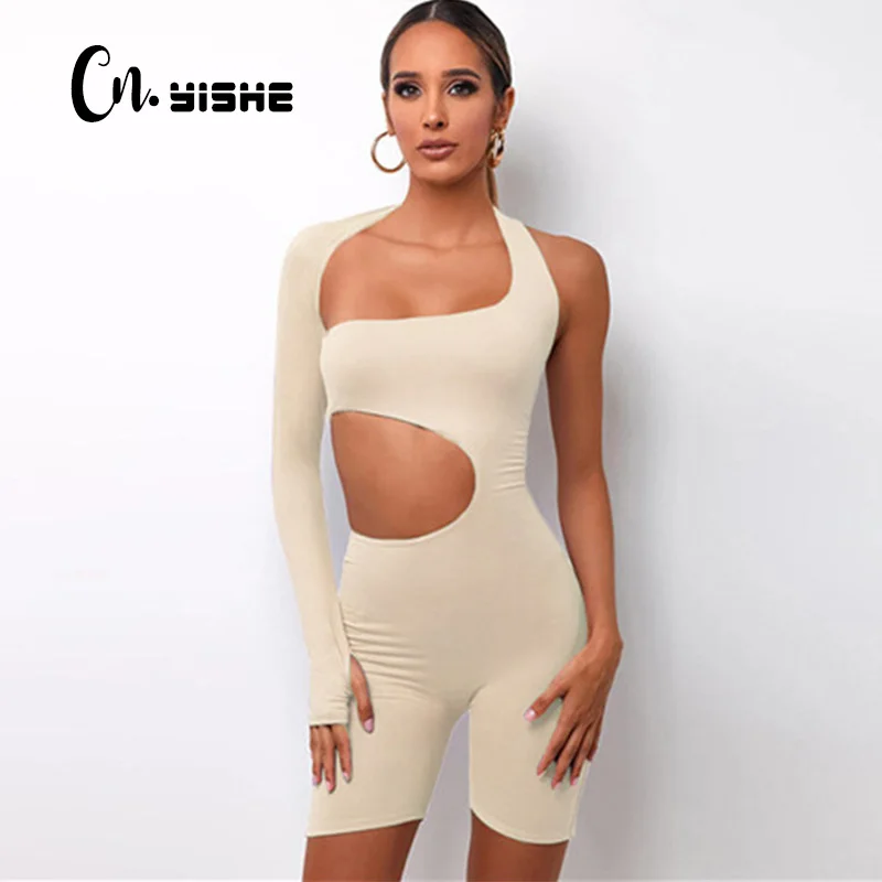 

CNYISHE Halter Hollow Out Sporty Rompers Women One Shoulder Jumpsuits Backless Bodycon Jumpsuit Women Playsuits Autumn Overalls