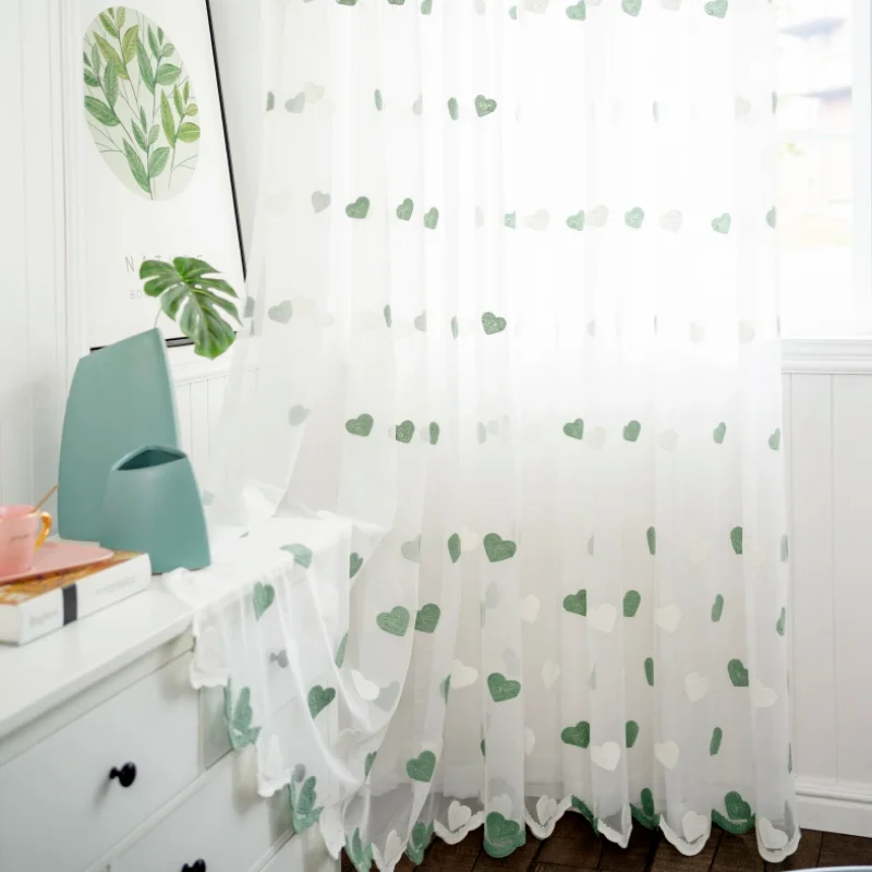 Korean Green Heart Tulle Curtain For Living Room Lovely Voile Sheer Kids Bedroom Bay Kitchen Window Panels X-JD1200 | Дом и сад