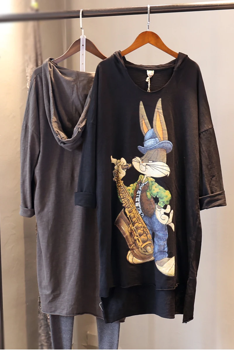 

Women Cute Cartoon Printed Hooded Top 2021 Spring Solid Loose Large Size Casual Mid-Length T-shirt Female Fashion T Shirt Dress
