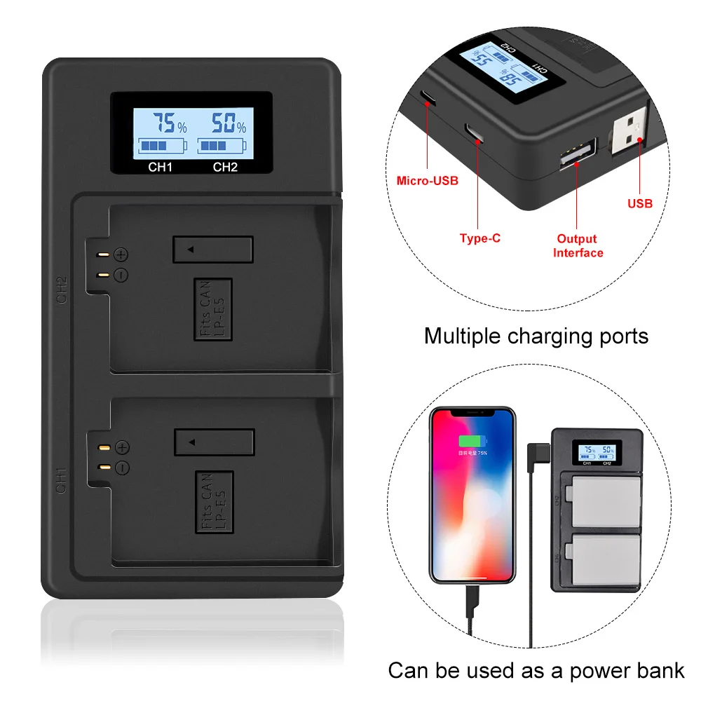 Зарядное устройство PALO LPE5 LP E5 зарядное с двумя USB разъемами и ЖК дисплеем для
