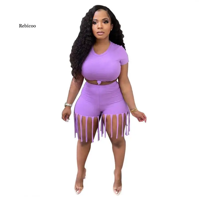 

2021 Summer Two-Piece Female Solid Color Short-Sleeved Top Cute Sports Tassel Shorts Casual Sports Suit 10 Colors 8 Yards