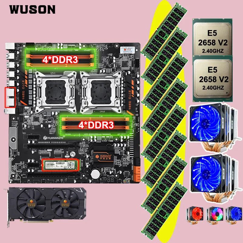 Placa de Vídeo Placa-mãe com 256g Huananzhi Duplo Dupla Cpu Xeon e5 2658 v2 Coolers Ram 64g 8*8g Gtx1660 6g X79-8d X79 Ssd