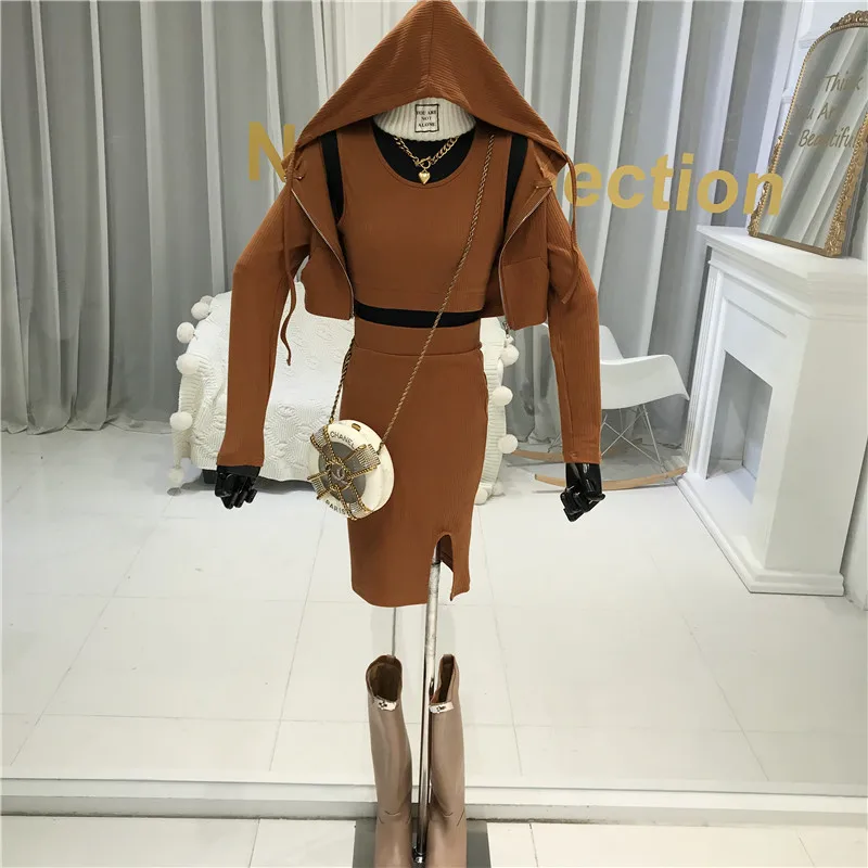 

Fashion Clothes 3 Piece Set Women Cropped Tops with Hood +vest +high Waist Pencil Skirt Suit Female Japan Style Zipper Mini