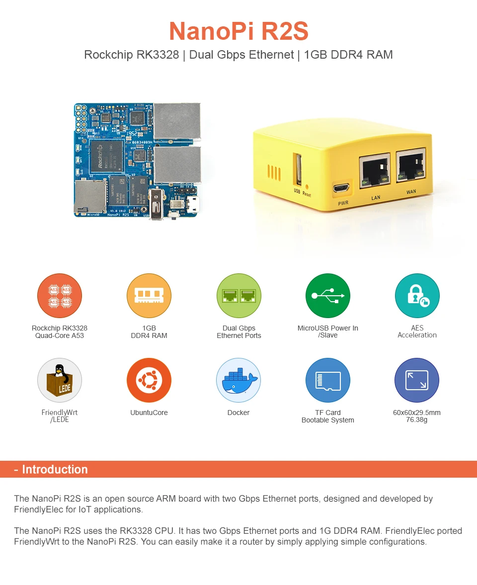 Портативный мини роутер FriendlyElec Nanopi R2S OpenWRT с портами Ethernet двумя Гбит/с 1 ГБ DDR4 на