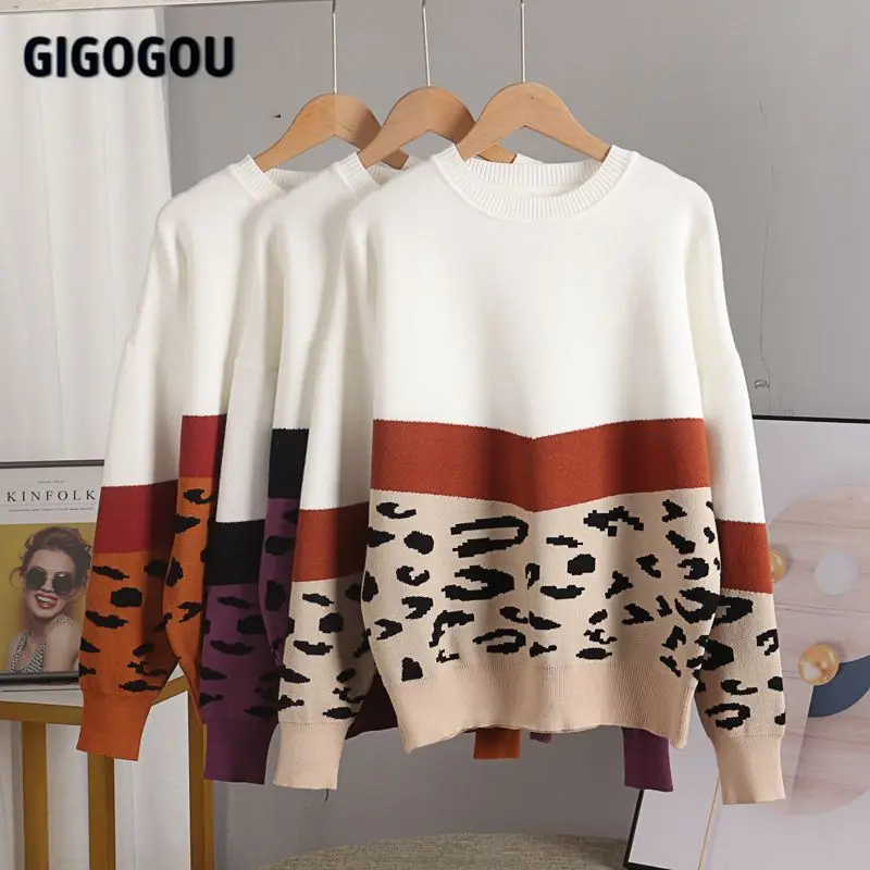 

Leopard Knit Womens Sweater Autumn Winter Color Block Female Jumper Outfits Long Sleeve Soft Pullover Christmas Sweaters