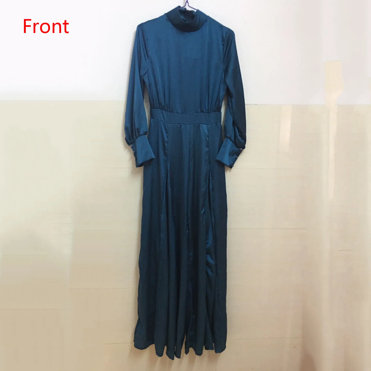 Elegant Jumpsuits Vintage Women Blue Satin Long Sleeve High Waist Plain Wide Leg Overalls Luxury Office Work OL Jumpsuit Rompers