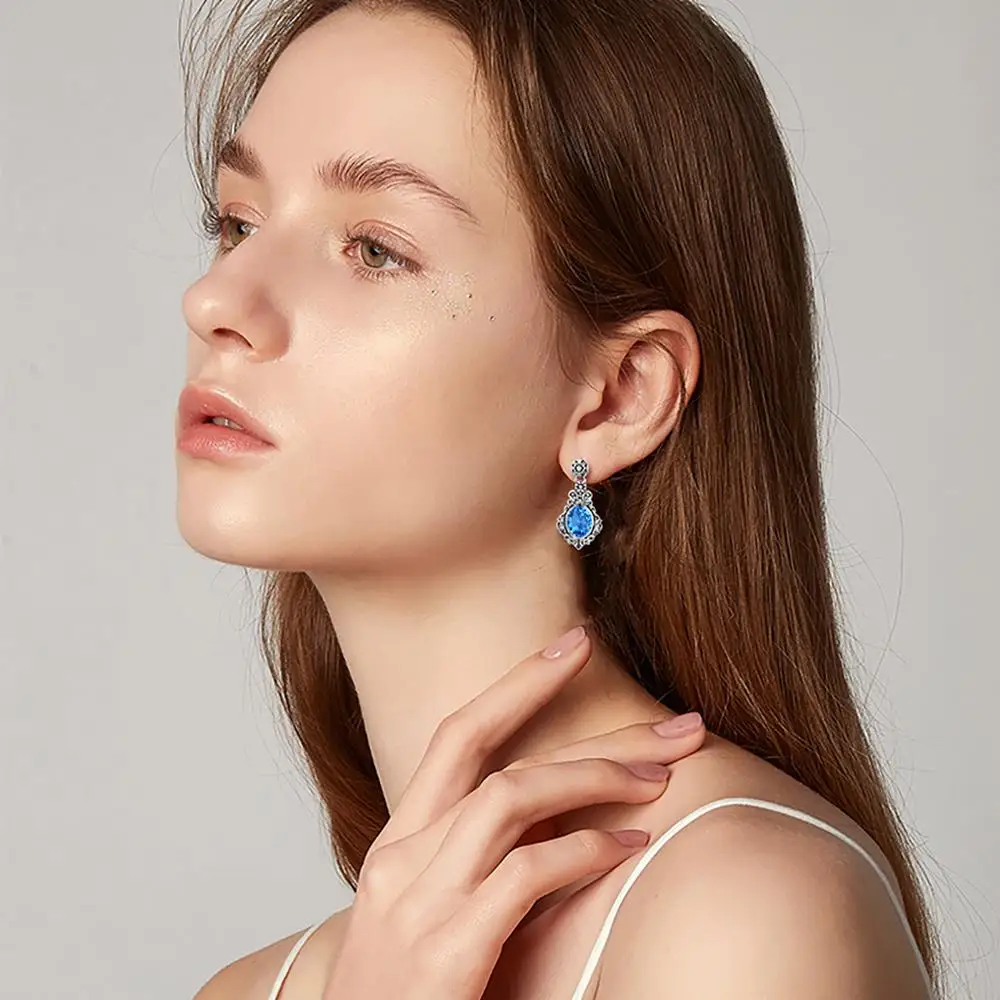 

Silver Chakra 925 Sterling Silver Earrings For Women Vintage Flower Blue Topaz Dangle Earring Church Medieval Gothic Jewelry New