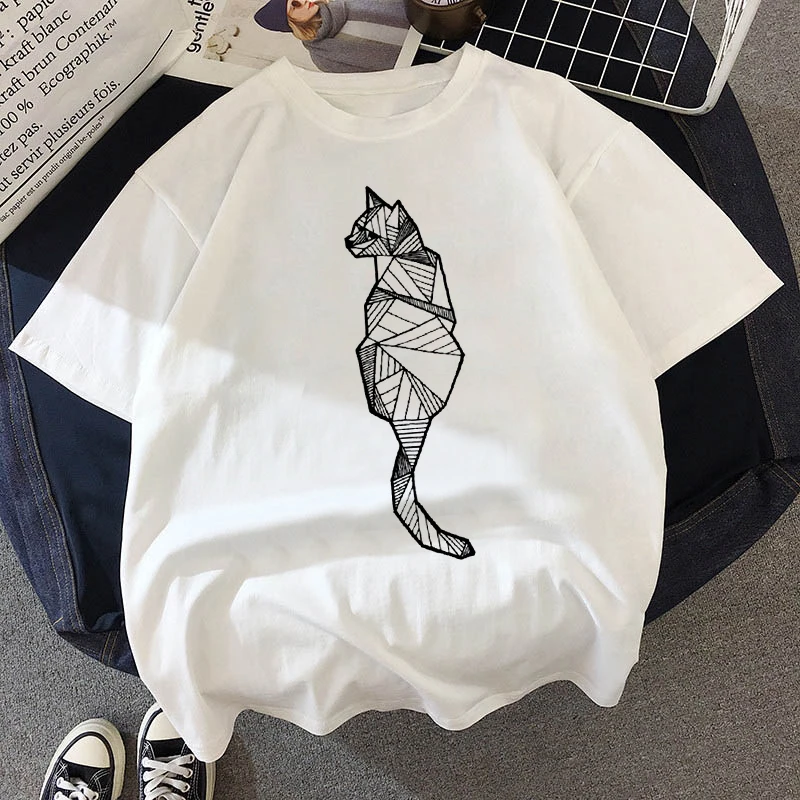 

FIXSYS Summer Short Sleeve Casual O-neck Tshirt Geometric Animals Cat Printed Women T-Shirt Casual Harajuku Lady Girl Tops Tee