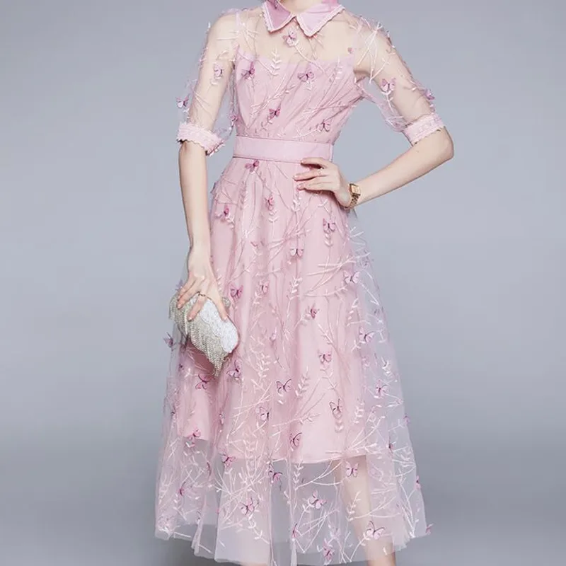 

Summer New European American Style Embroidered Flowers Vestidos Female Turn-Down Collar Short-sleeved Waist Slim Midi Dress