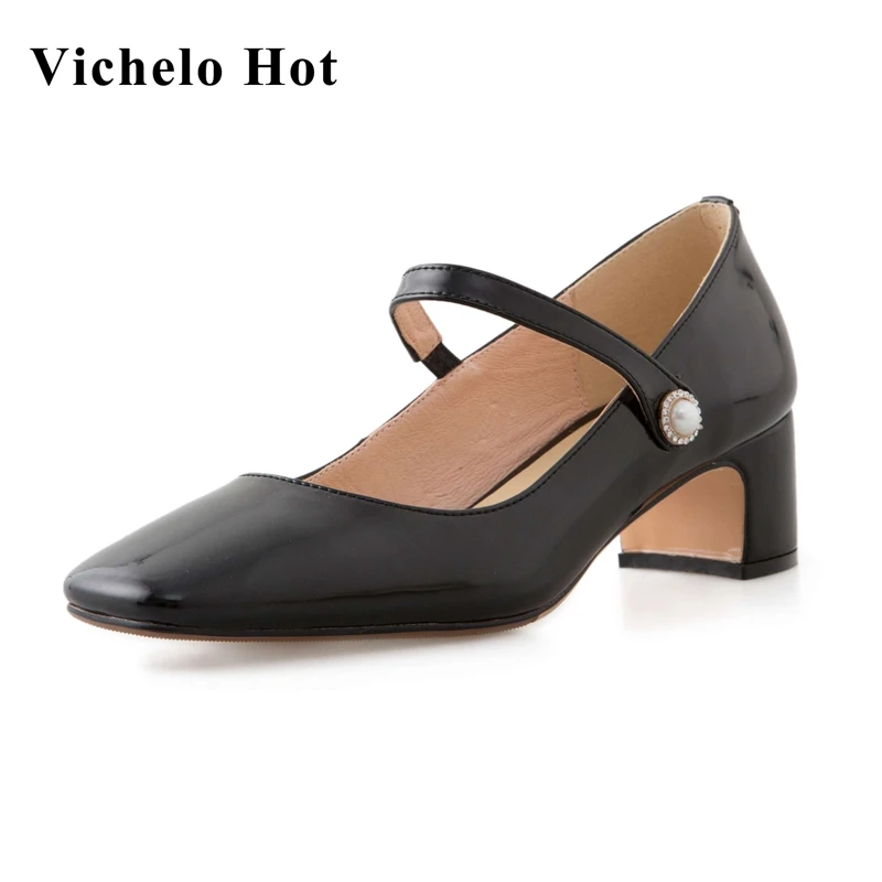 

Vichelo Hot new large size split leather square toe med heel onlinestar recommend brand shoes beauty lady dating women pumps L15