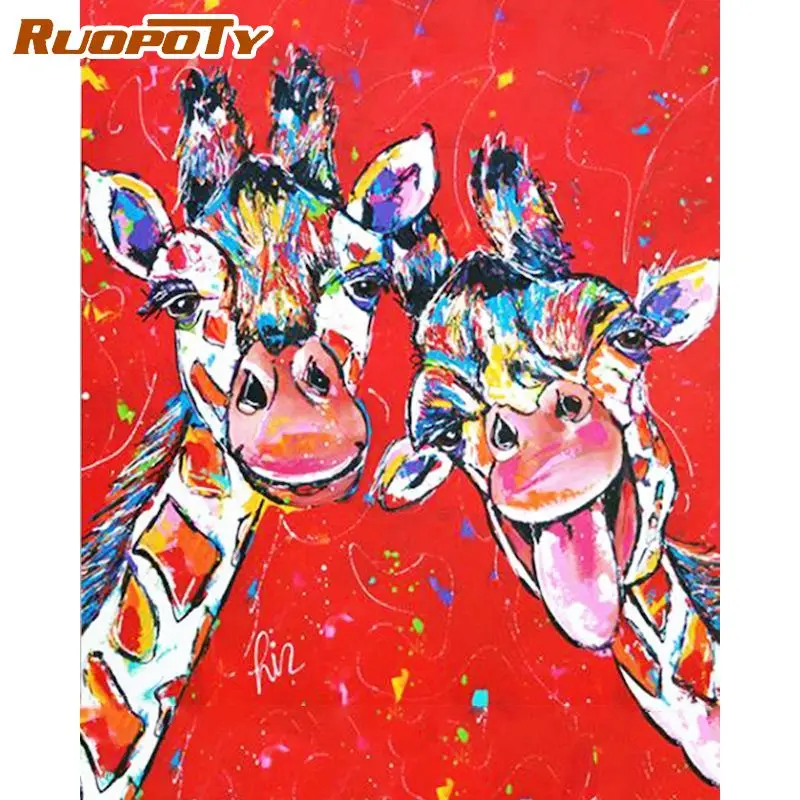 

RUOPOTY 60x75cm Framed Oil Painting By Numbers Kits For Adults Two Happy Giraffe Animal Paints By Number Wall Decor Acrylic Canv